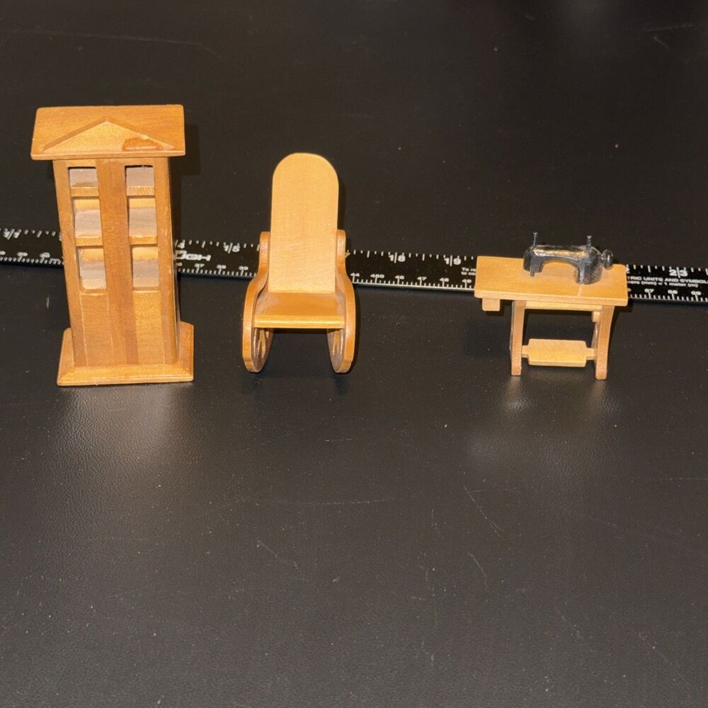 Vintage Antique Style Wooden Miniature Dollhouse Sewing Machine, Rocking Chair